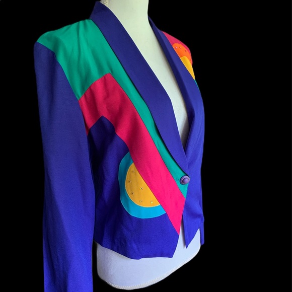 Vtg 80’s City Girl Blue Rainbow Cropped Blazer 6 - Picture 3 of 14